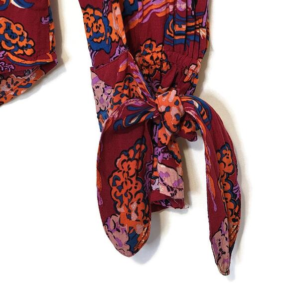 Anthropologie Maeve Bird Print Button Down Shirt Ruffle Tie Cuff  Boho Blouse 4 - Picture 8 of 16